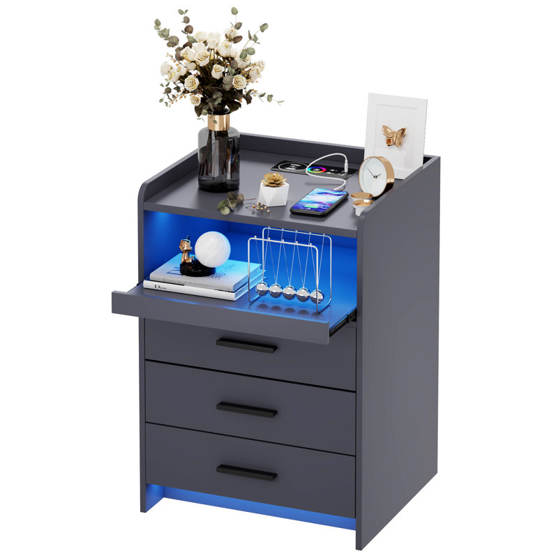 Eaden 3 Drawer Nightstand With Light, Gray