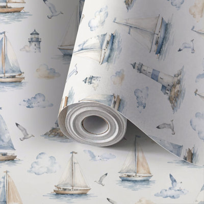 Papier peint autocollant à motif aquarelle de voilier, phare, mouettes et nuages, style nautique, amovible et imperméable, rouleau de papier peint décoratif pour chambre, salon et cuisine, 58 x 300 cm