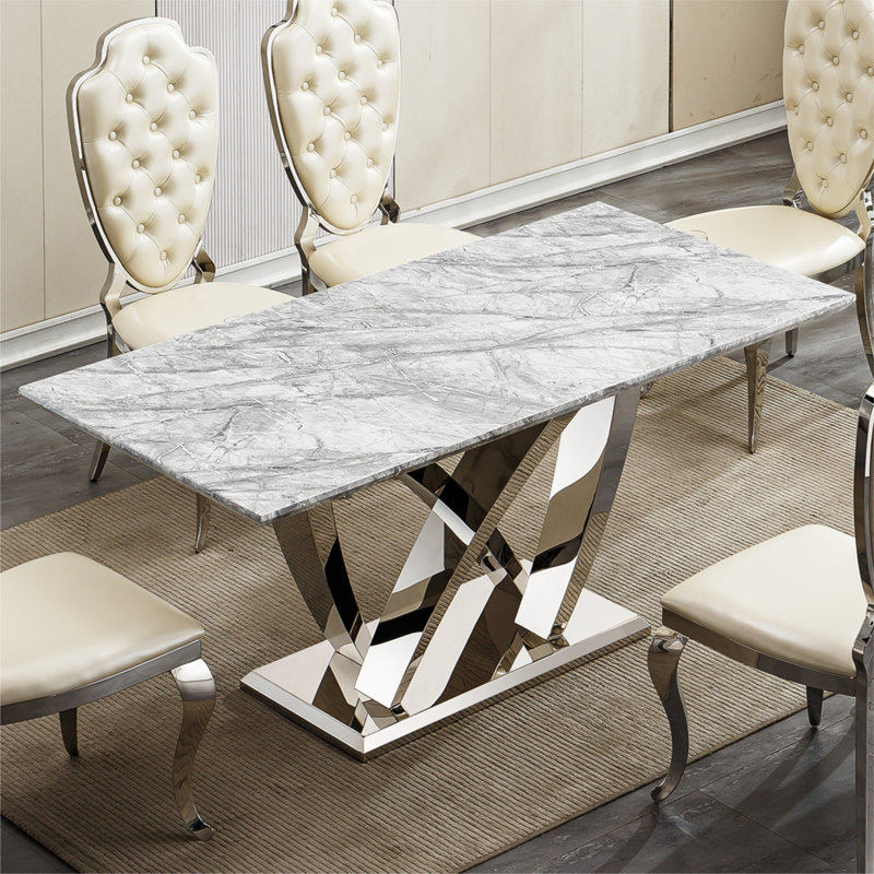 Table de salle à manger en marbre pour 6 personnes, table de salle à manger rectangulaire en faux marbre 70 po avec base en acier inoxydable à finition miroir, table de cuisine moderne en marbre de grande taille (argent, gris) (table unique)
