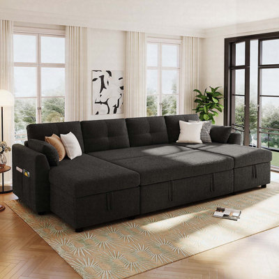 107" Modern U-Shaped Sectional Sleeper Sofa With Storage Chaise, USB Ports, And Pull-Out Bed, Teddy Fabric Sofa