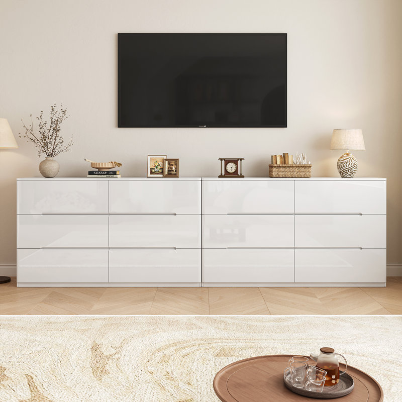 Commode 47 po à 6 tiroirs 47 po pour chambre à coucher, commode blanche ultrabrillante pour le salon, le couloir