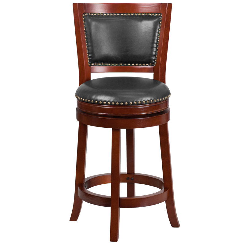 Tabouret de bar haut en bois avec dossier à panneau ouvert et siège pivotant en LeatherSoft, Cerisier clair