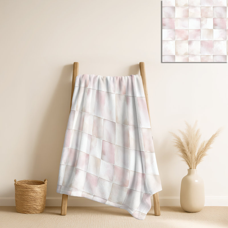 Jeté rose et blanc avec grille à carreaux, jeté en peluche contemporain