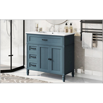 Meuble-lavabo bleu 36 po avec lavabo, panneau de fibres à densité moyenne durable, rangement spacieux et design moderne pour une salle de bain élégante