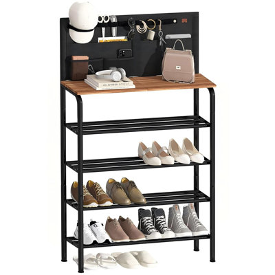 Étagère à chaussures à 5 niveaux pour entrée, tablette en métal avec poche de rangement et plateau en MDF, pour 16 à 20 paires de chaussures, autoportante, pour placard, noire