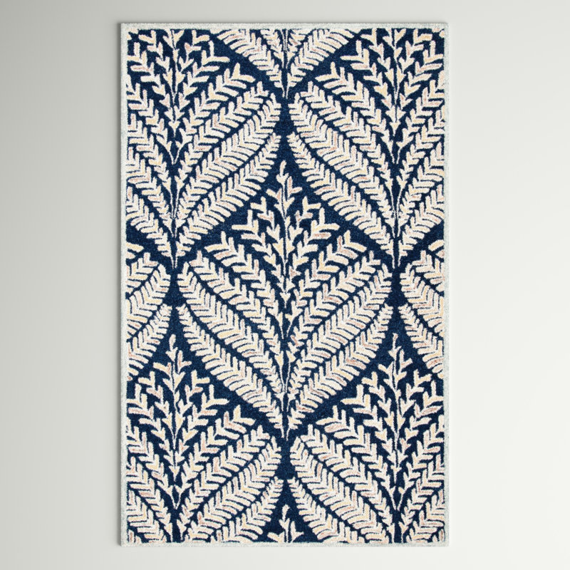 Arisdelsy Floral Handmade Tufted Wool Navy/Ivory Area Rug, Rectangle 6' x 9'