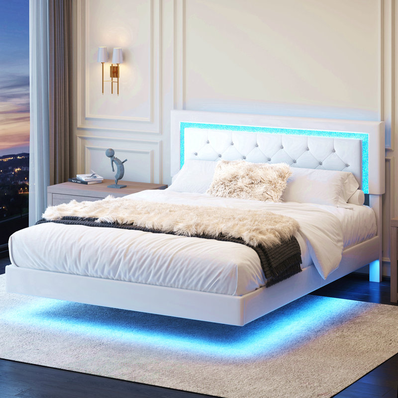 Cadre de lit grand avec tête de lit, cadre de lit flottant grand avec lumières DEL, lit plateforme tapissier avec tête de lit capitonnée à motif de losanges, aucun sommier requis, beige
