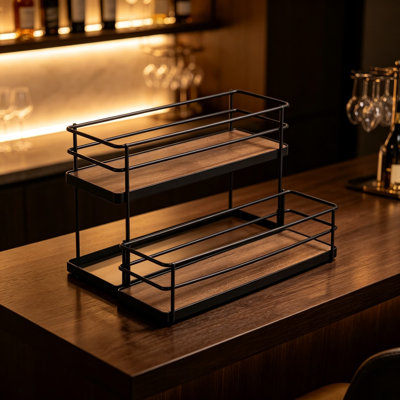 Coffee Syrup Organizer 2 Tier Bottle Stand for Countertop, Metal and Wood Syrup Shelf for Kitchen Bar and Pantry Storage