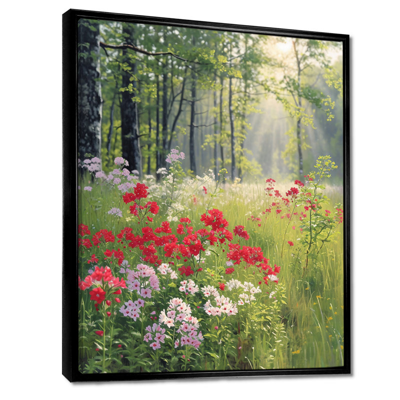 Fleurs rouges dans les bois verts - salon d'art mural forêt, Métal métal, H 44 po x l 34 po x P 1,5 po