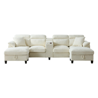 118 Inch Sofa Couch,Sectional Couches For Living Room With 2 Cup Holders,Corduroy Modular Sectional Sofa With Movable And Storable Ottoman.