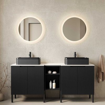 Meuble-lavabo double autoportant avec lavabos, 2 armoires de rangement rayées + 2 tablettes ouvertes amovibles, 2 vasques rectangulaires avec comptoir Carrara