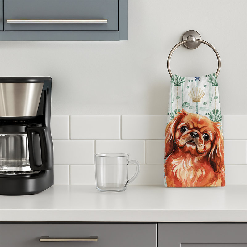 Red Pekingese Coastal Sea Glass Kitchen Towel, Red Pekingese