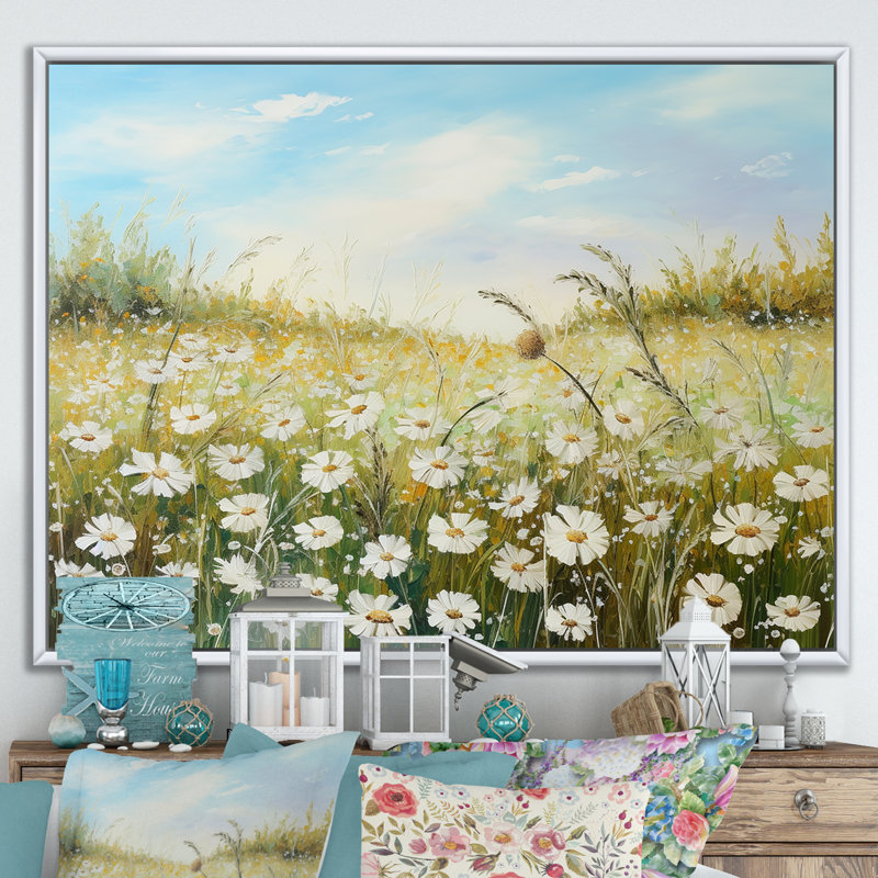 Champ de fleurs marguerites au soleil, H 12 po x l 20 po x P 1 po, Cadre flottant blanc