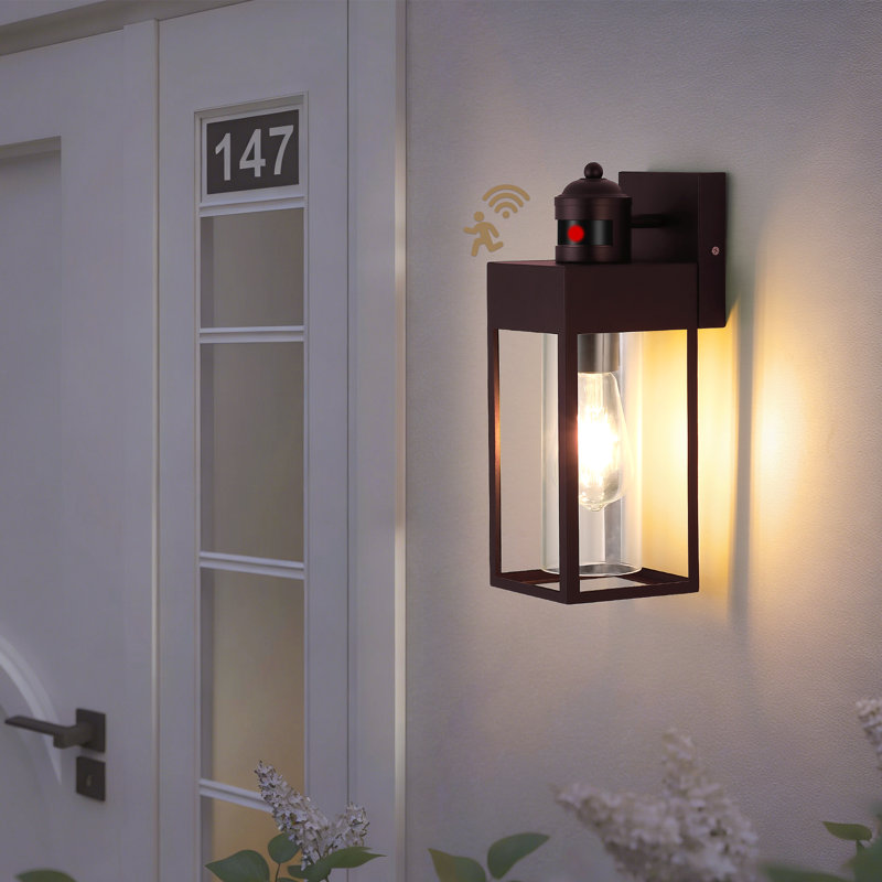 Motion Sensor Outdoor Wall Sconce, Rectangular Metal Frame With Tempered Glass Shade, Waterproof Exterior Lantern For Garage Entryway Yard