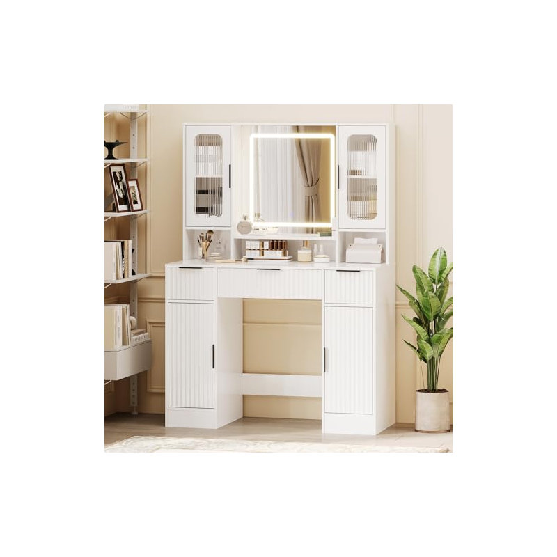 Vanity Desk with Mirror and Light, Makeup Dressing Table with 2 Glass Cabinets, 2 Large Cabinets & 3 Wavy Drawers, White