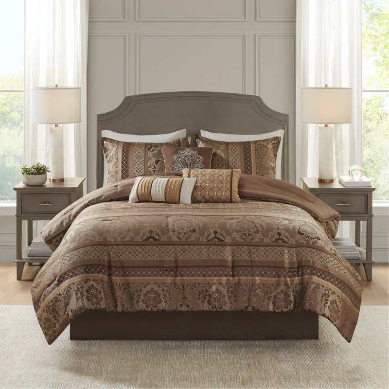 Ensemble d'édredon 7 pièces jacquard brun / doré grand, Grand édredon et 6 pièces supplémentaires