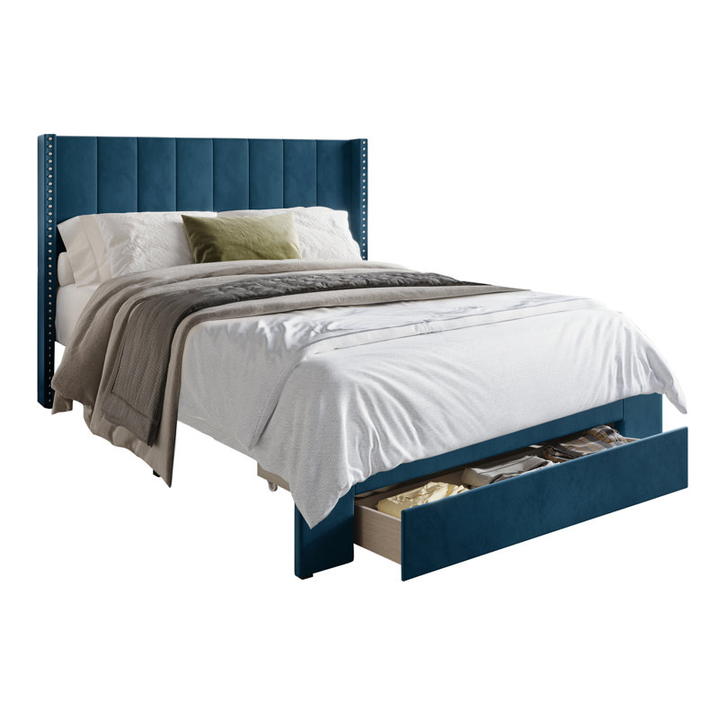 Georgia-Lee Upholstered Wingback Storage Bed, Navy Blue, Twin