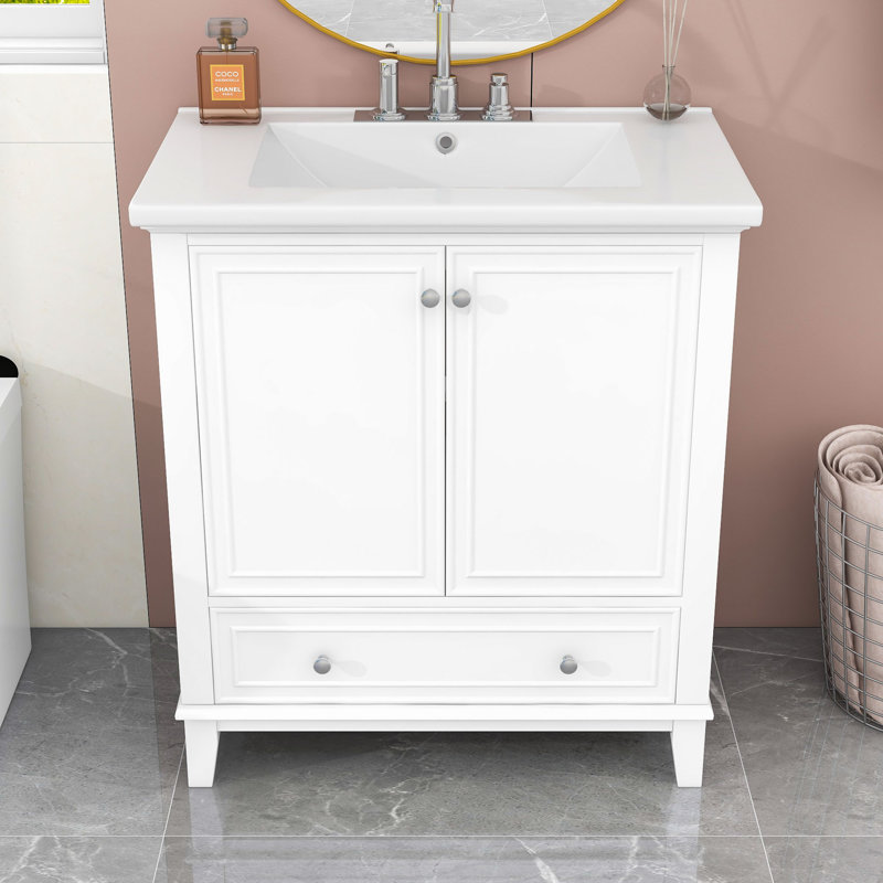 Nadira 30'' Freestanding Bathroom Vanity with Ceramic Top, Storage Cabient and Drawer, White