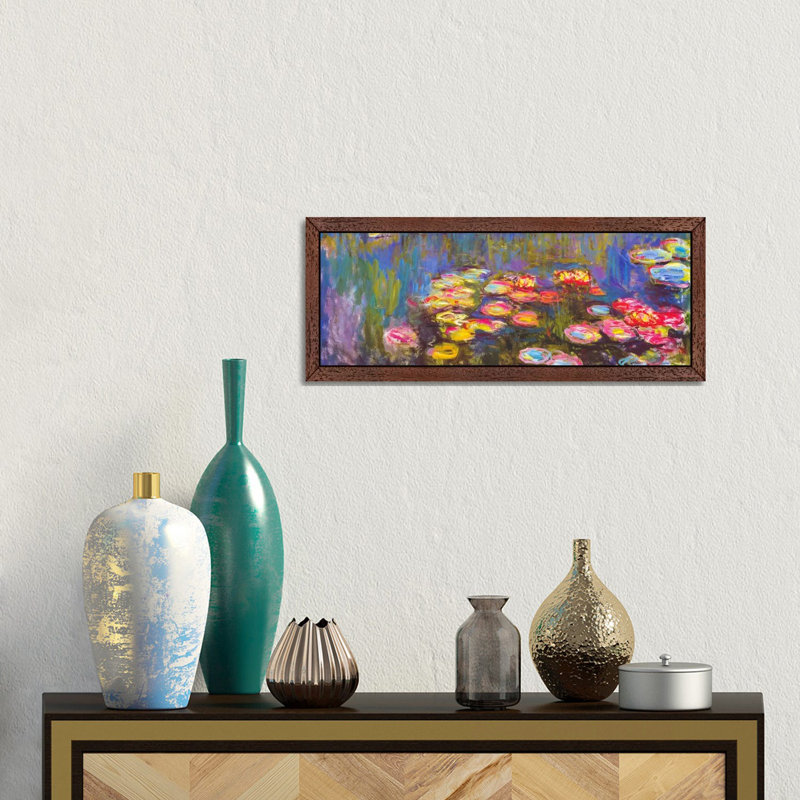 Water Lilies by Claude Monet - Floater Frame Panoramic Painting on Canvas, 30.48 cm H x 91.44 cm W, Brown Framed