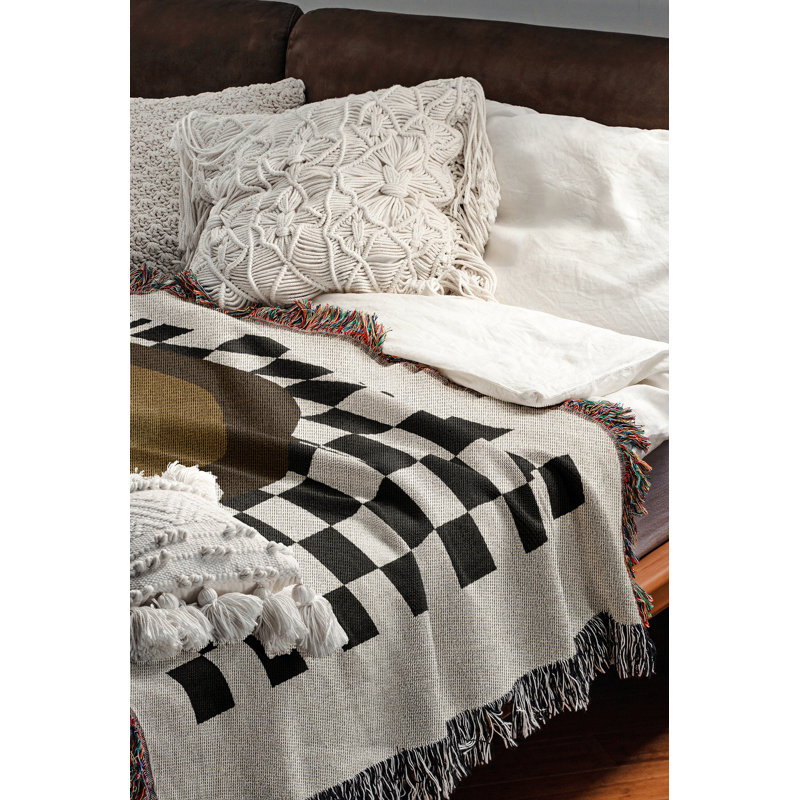 Jeté cible en mélange de coton à motif géométrique, L 60 po x l 50 po, Beige / noir / blanc cassé