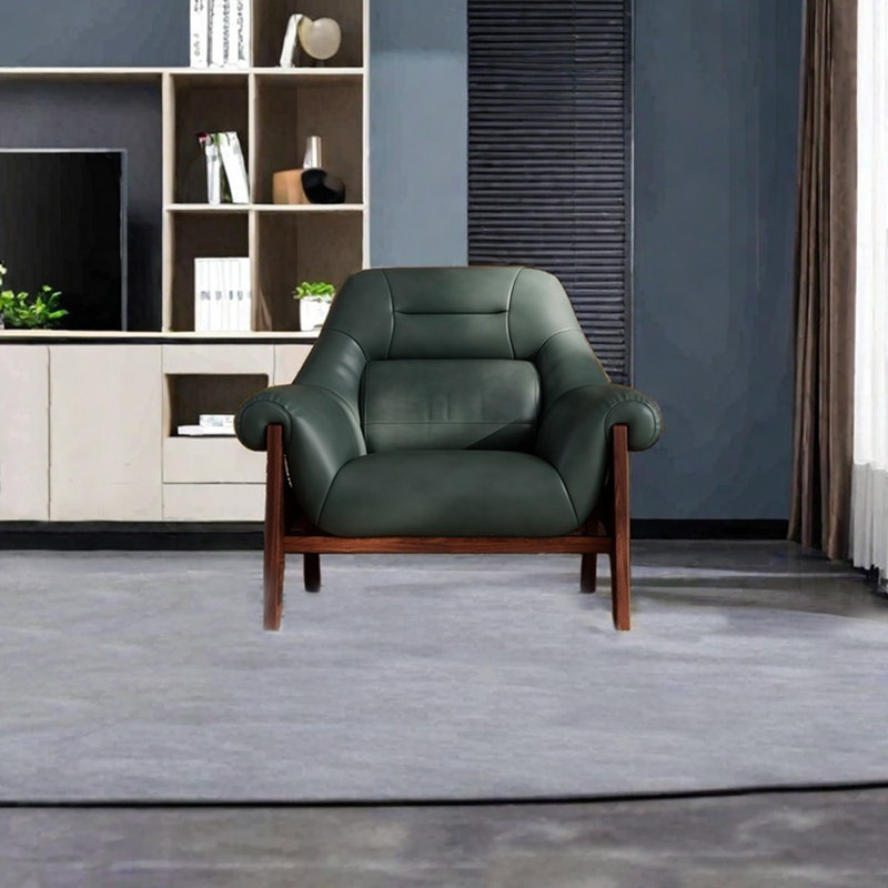 Chaise de loisir simple en bois massif éponge durable, Similicuir vert foncé