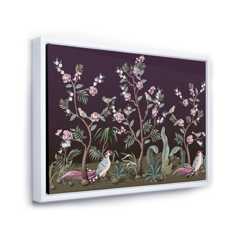 Chinoiserie avec oiseaux et pivoines I - Peinture sur toile, H 12 po x l 20 po x p 1 po, Toile tendue