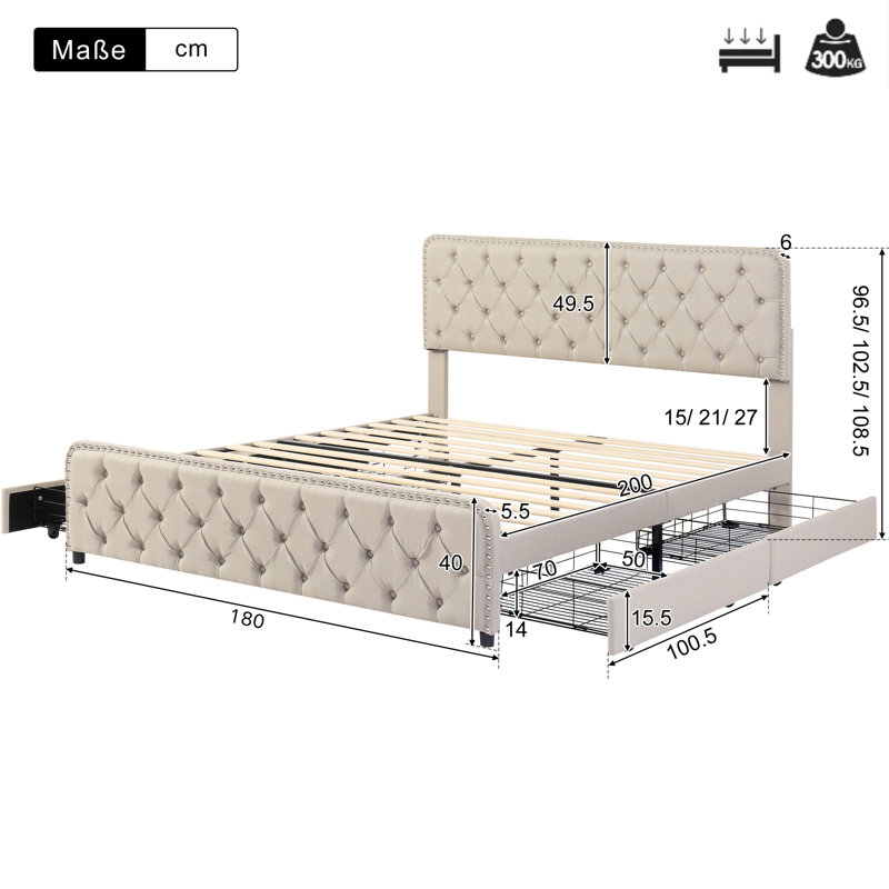 Farlow Upholstered Storage Bed, Beige, Super King (6')