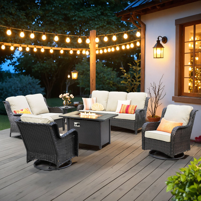 7 - Person Outdoor Seating Group With Cushions And Fire Pit, Beige