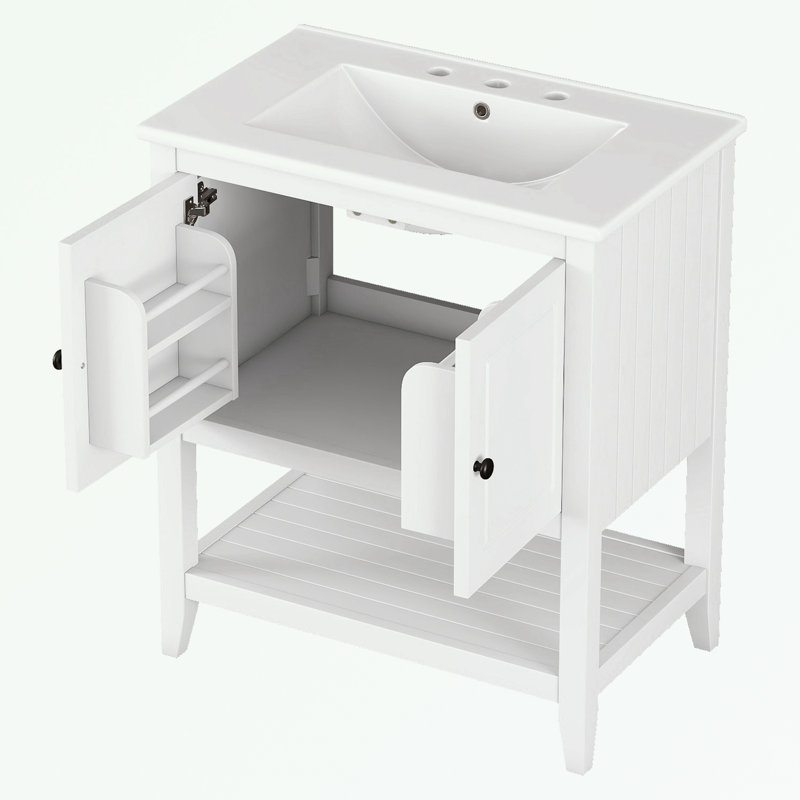 Meuble-lavabo avec lavabo, deux portes et tablette ouverte, Blanc
