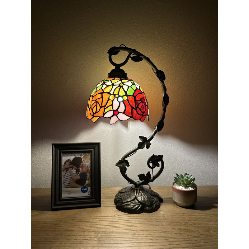 Shephard Tiffany Table Lamp Rose Flowers Red Orange Stained Glass Iron Metal Leaves 11"W*8"D*21"H