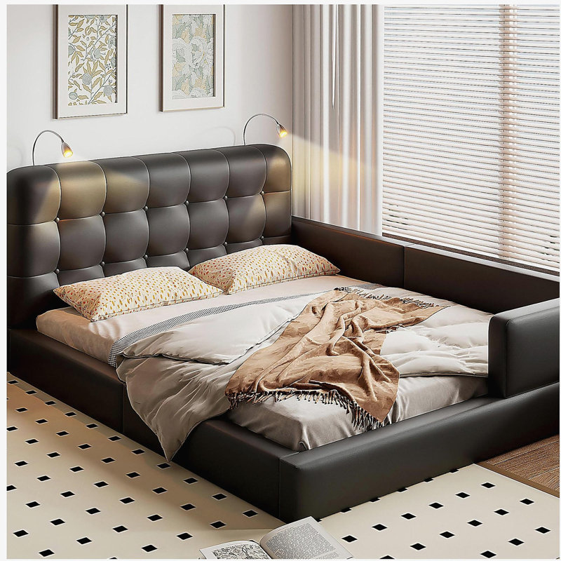 Grand lit plateforme tapissier avec 2 lampes de lecture, noir, Noir