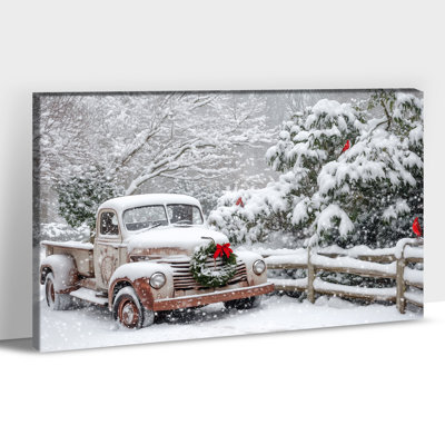 Grand Abiel - affiche de peinture de camion rouge d'hiver, scène de pin enneigé, cardinaux, impressions sur toile encadrées, œuvre d'art de campagne, 24 po x 36 po