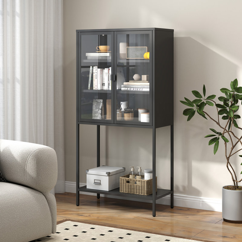 Metal Accent Cabinet with Tempered Glass Doors - Adjustable Shelves,Easy Assembly, Stylish Sideboard.