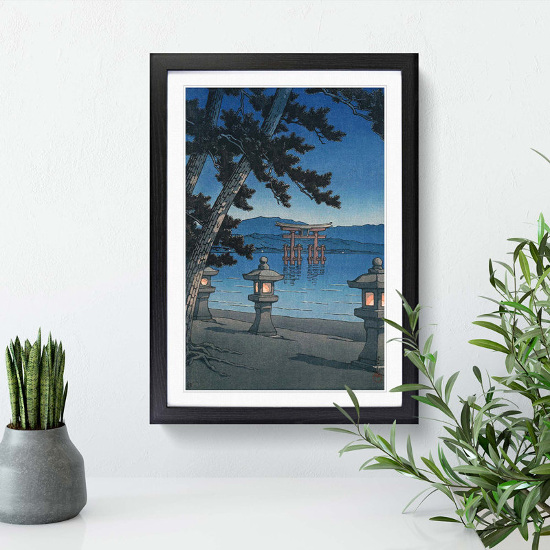 Moonlit Miyajima by Hasui Kawase - Picture Frame Painting Print, 48cm H x 36cm W x 2cm D, Black Framed