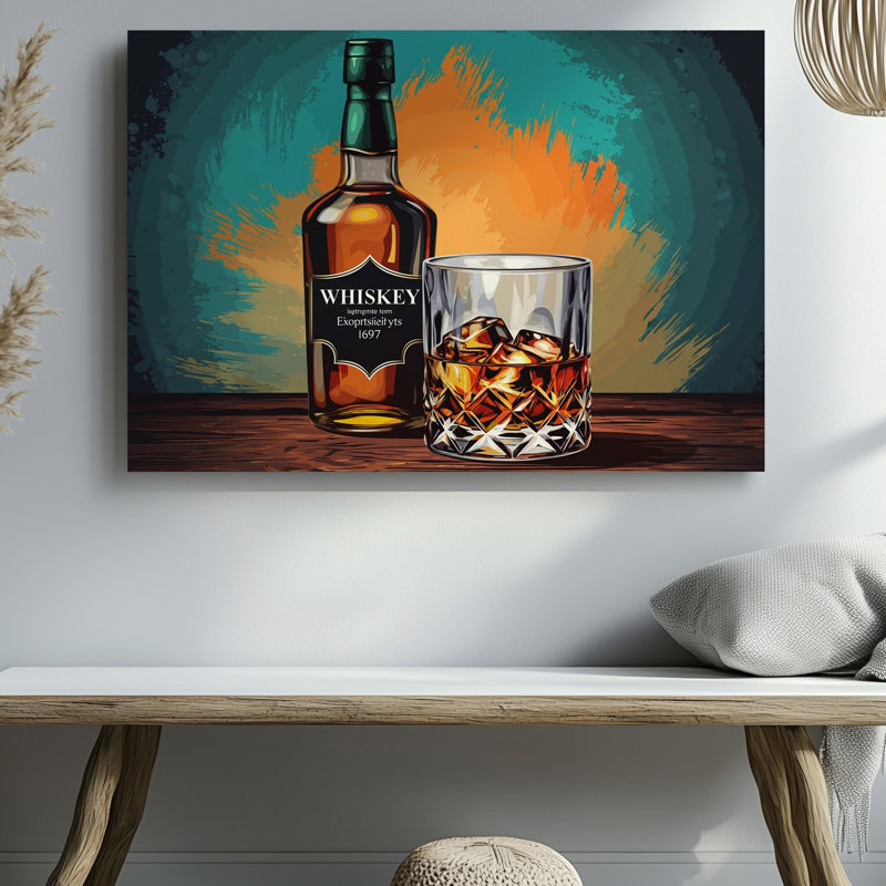 Toile, vue rapprochée présentant une bouteille de whisky avec une silhouette classique, H 20 po x l 20 po