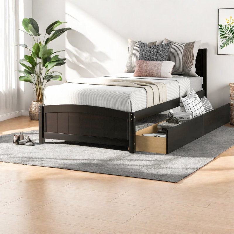 Lits simples avec rangement peu encombrants, bois espresso, conception moderne pour un usage familial