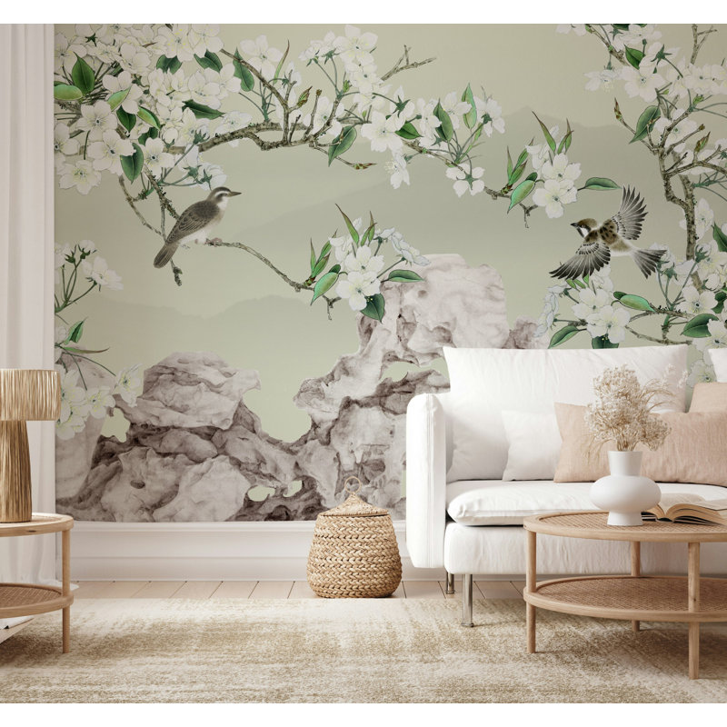 Papier peint vert cerisier cerisier en fleurs, L 36,96 po x l 56 po