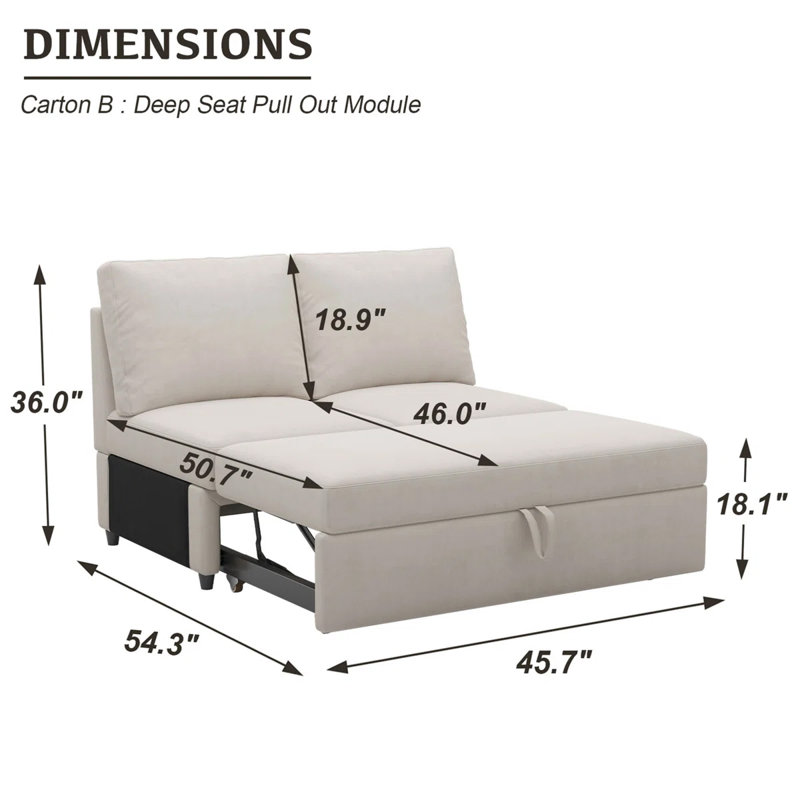 Rafael Armless Pullout Sleeper Sofa Module, Beige Velvet