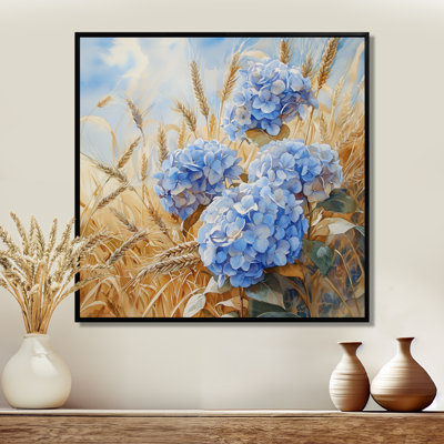 Paysage d'hortensias dans le champ de blé I - hydrangées, art mural