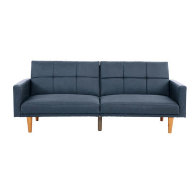 Modern Navy Polyfiber Bed With Back And Fabric - Breathable Transitional Wooden Legs Plywood Base Convertible To