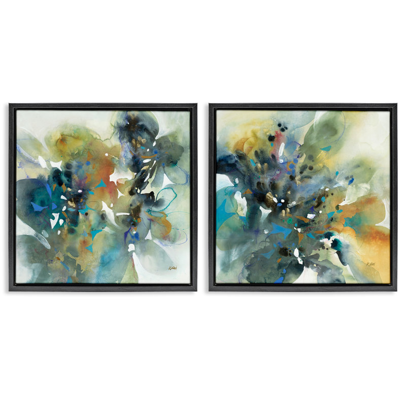 Layered Faded Abstracts, ensemble de 2 toiles flottantes encadrées par K. Nari, Cadre flottant noir de jais