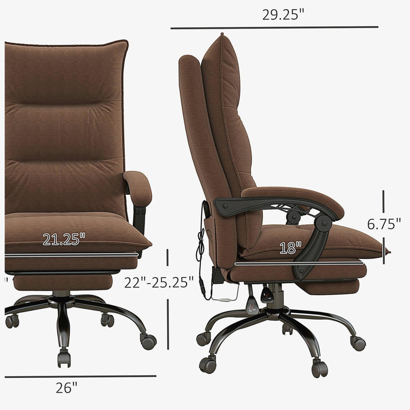 Fauteuil de bureau de direction avec massage à 6 pointes de vibration, chaise de bureau d'ordinateur en microfibre, fauteuil inclinable chauffant avec repose-pieds, accoudoir, double rembourrage, brun