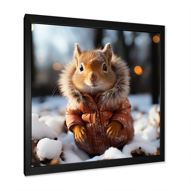 Mignon écureuil avec écharpe dans la neige IV - écureuil, art mural animal, Cadre simple noir, H 36 po x l 36 po x P 1,5 po