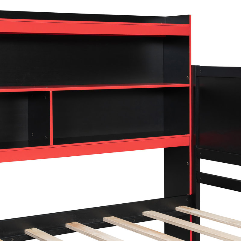Lit de jour moderne à 4 tiroirs avec bureau éclairé, dossier de bibliothèque de rangement et prises de courant, Grand lit