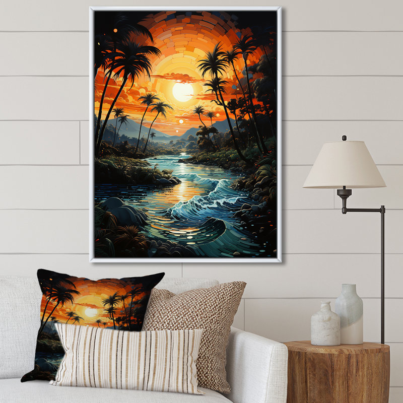 «Saudres Palm Trees Sunrise IV», reproduction sur toile, H 32 po x l 24 po x P 1 po, Cadre flottant blanc