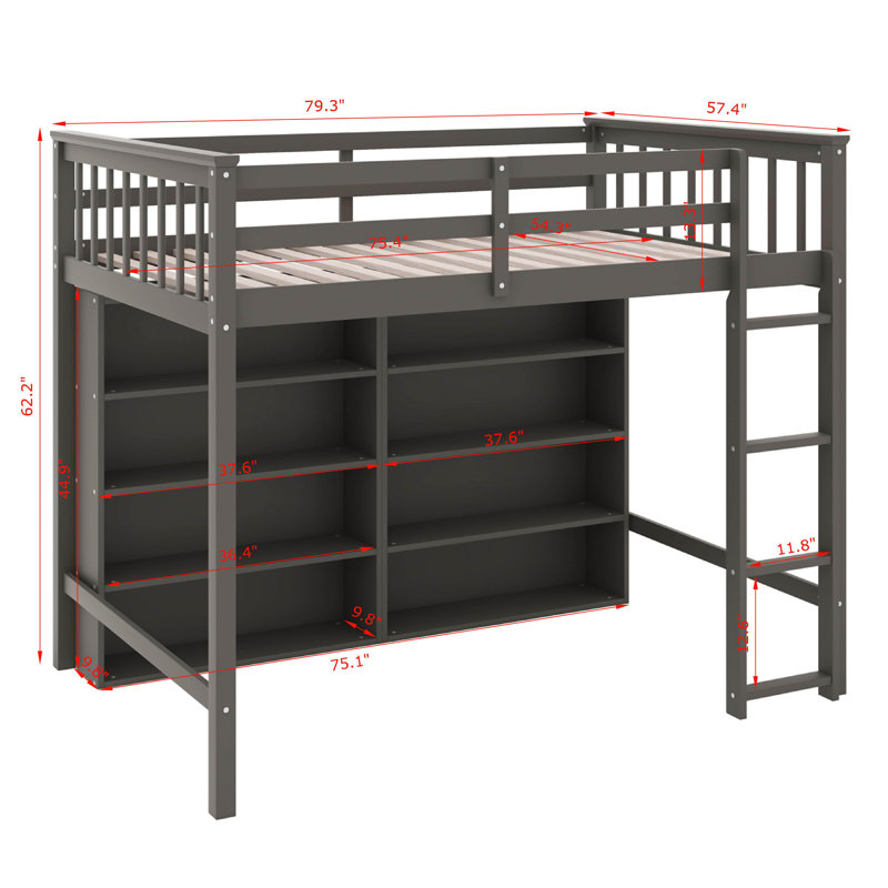 Lit mezzanine double avec tablettes, Antique Grey