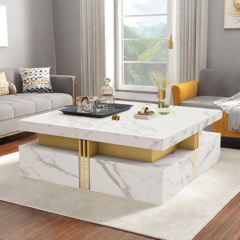 Modern White Square Storage Coffee Table With 4 Drawers And Gold Accents