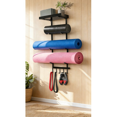 Wall Mounted Yoga Mat Holder With 4 Tiers & 5 Hooks, Floating Shelf Gym Storage