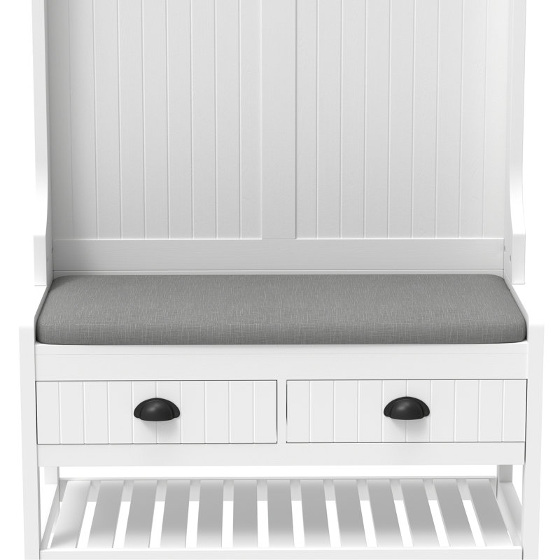 Hallway Hall Tree With 2 Storage Drawers And 4 Coat Hooks, Padded Linen Seat Cushion Top Shelf, White Wooden Entryway Shoe Rack Bench Cushioned Shelf