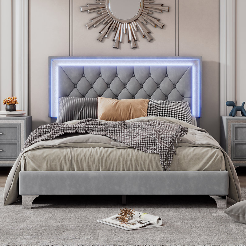 Mikhale Modern Velvet Platform Bed with Tufted Headboard and LED Lights, Gray, Queen